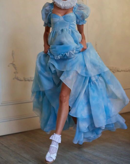 Cute Square Neck Blue Prom Dress Tie-Dye Short Sleeve Ruffles A-Line Evening Dress D0749
