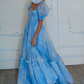 Cute Square Neck Blue Prom Dress Tie-Dye Short Sleeve Ruffles A-Line Evening Dress D0749