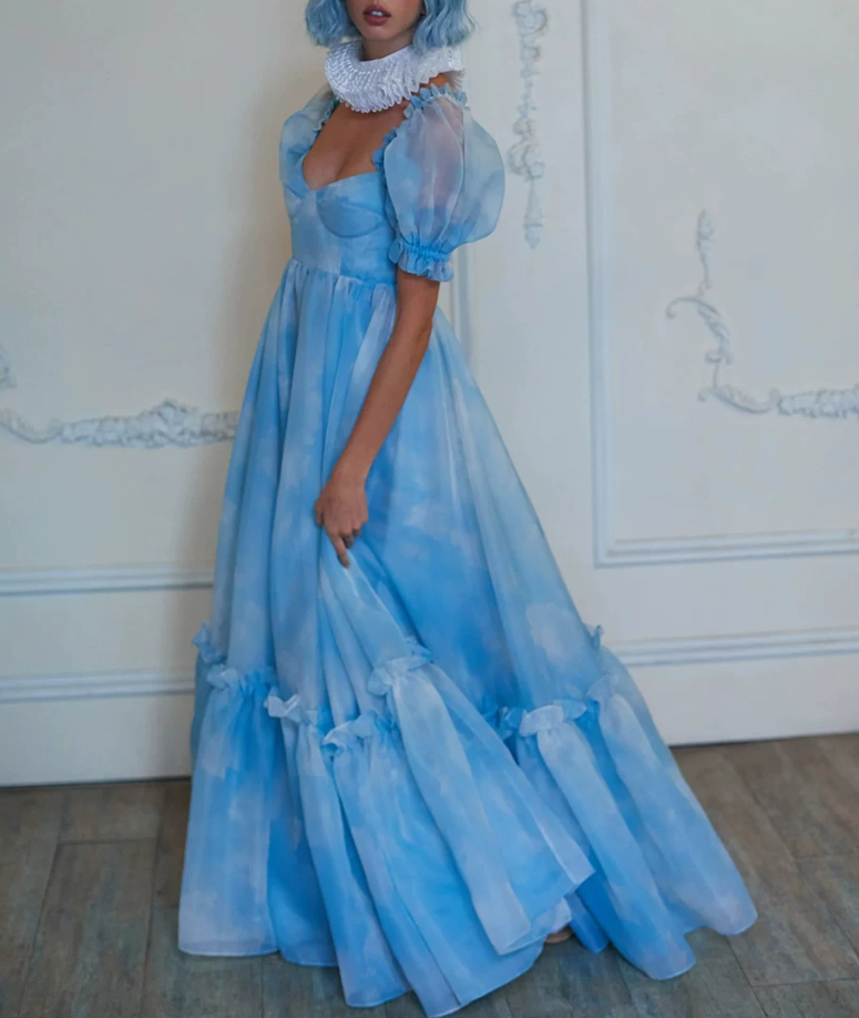 Cute Square Neck Blue Prom Dress Tie-Dye Short Sleeve Ruffles A-Line Evening Dress D0749