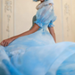 Cute Square Neck Blue Prom Dress Tie-Dye Short Sleeve Ruffles A-Line Evening Dress D0749