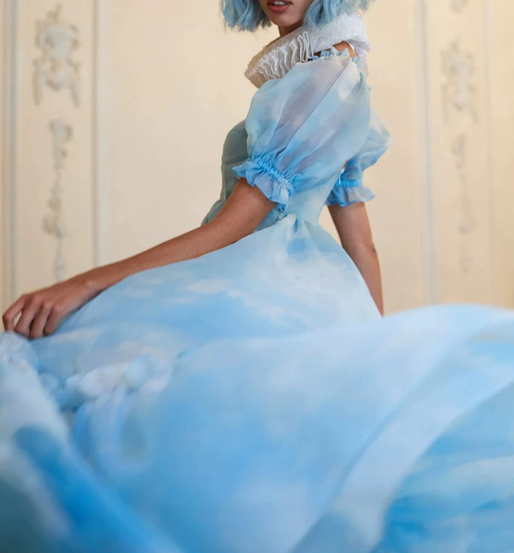 Cute Square Neck Blue Prom Dress Tie-Dye Short Sleeve Ruffles A-Line Evening Dress D0749