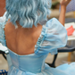 Cute Square Neck Blue Prom Dress Tie-Dye Short Sleeve Ruffles A-Line Evening Dress D0749