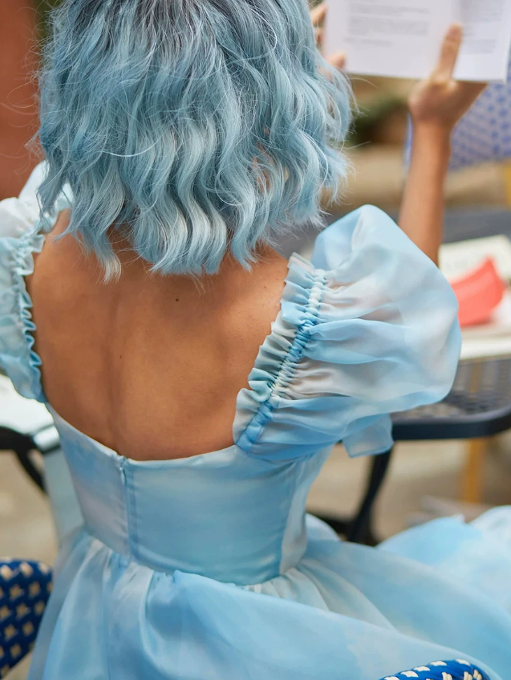 Cute Square Neck Blue Prom Dress Tie-Dye Short Sleeve Ruffles A-Line Evening Dress D0749