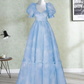 Cute Square Neck Blue Prom Dress Tie-Dye Short Sleeve Ruffles A-Line Evening Dress D0749