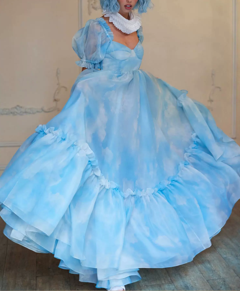 Cute Square Neck Blue Prom Dress Tie-Dye Short Sleeve Ruffles A-Line Evening Dress D0749
