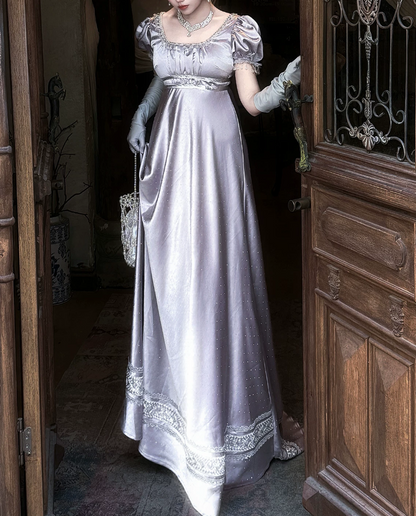 Elegant U Neck Purple Prom Dress Satin Short Sleeve Beaded A-Line Evening Dress D0750