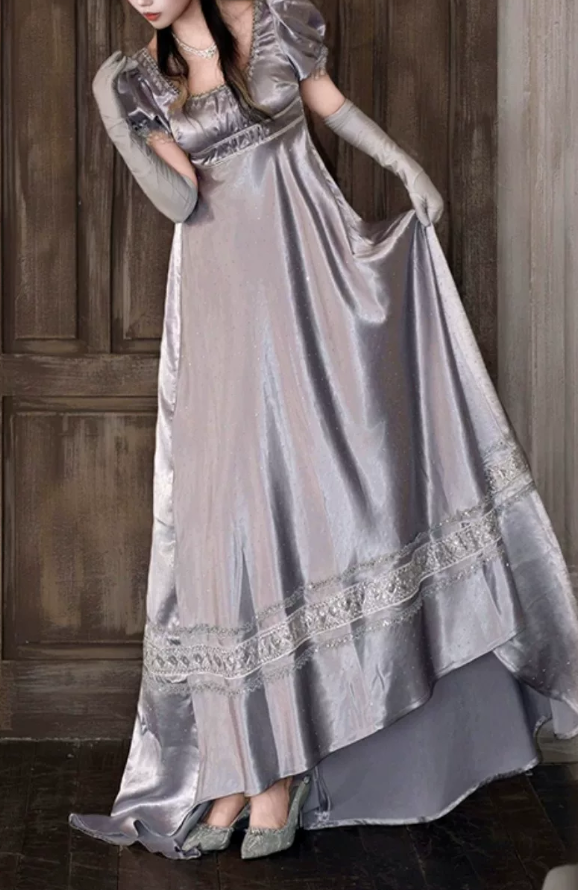 Elegant U Neck Purple Prom Dress Satin Short Sleeve Beaded A-Line Evening Dress D0750