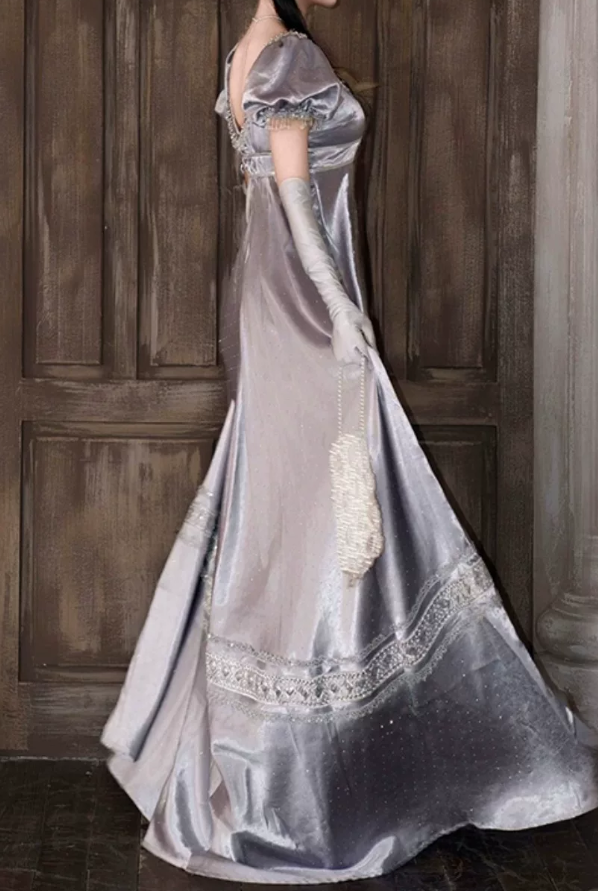 Elegant U Neck Purple Prom Dress Satin Short Sleeve Beaded A-Line Evening Dress D0750