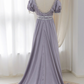 Elegant U Neck Purple Prom Dress Satin Short Sleeve Beaded A-Line Evening Dress D0750