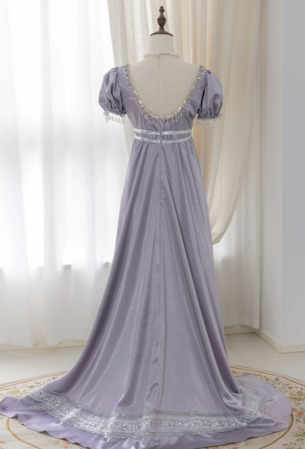 Elegant U Neck Purple Prom Dress Satin Short Sleeve Beaded A-Line Evening Dress D0750