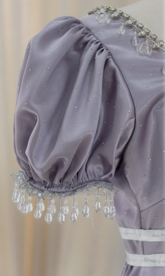 Elegant U Neck Purple Prom Dress Satin Short Sleeve Beaded A-Line Evening Dress D0750