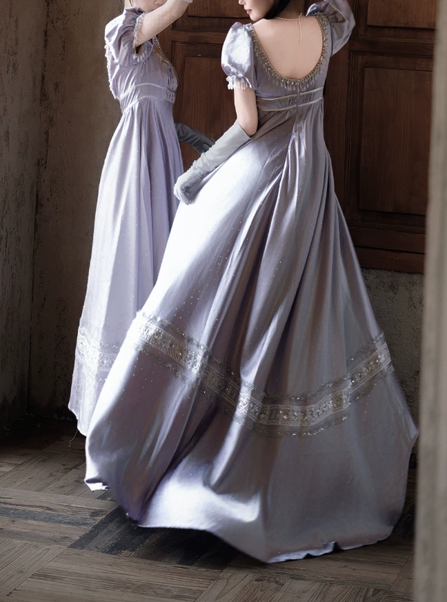 Elegant U Neck Purple Prom Dress Satin Short Sleeve Beaded A-Line Evening Dress D0750