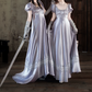 Elegant U Neck Purple Prom Dress Satin Short Sleeve Beaded A-Line Evening Dress D0750