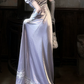 Elegant U Neck Purple Prom Dress Satin Short Sleeve Beaded A-Line Evening Dress D0750