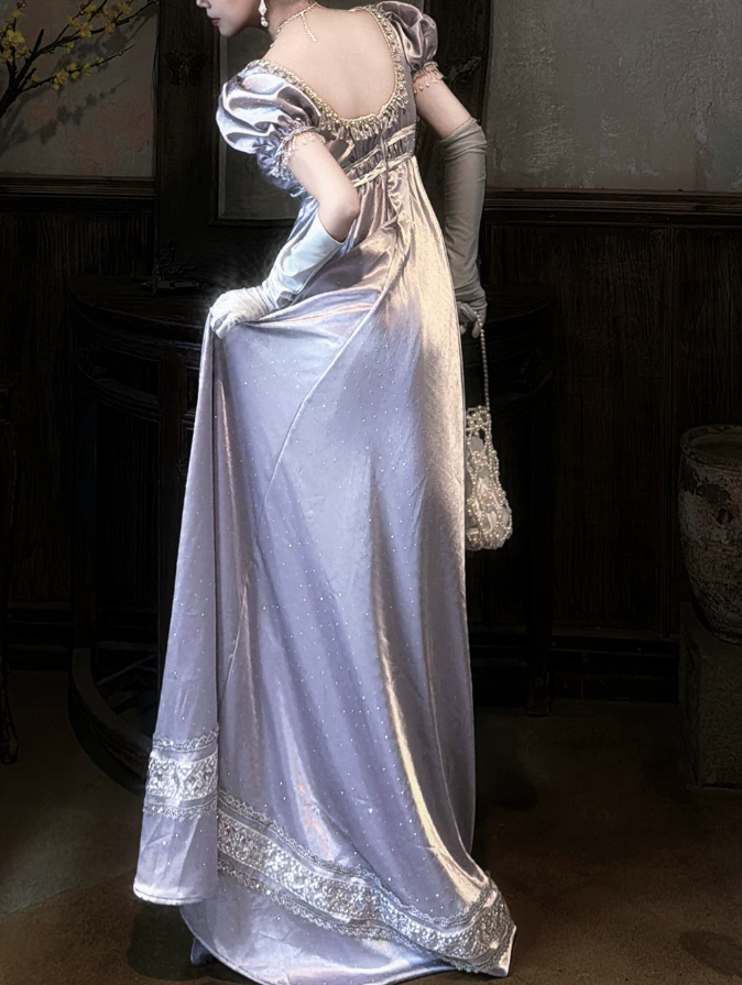 Elegant U Neck Purple Prom Dress Satin Short Sleeve Beaded A-Line Evening Dress D0750