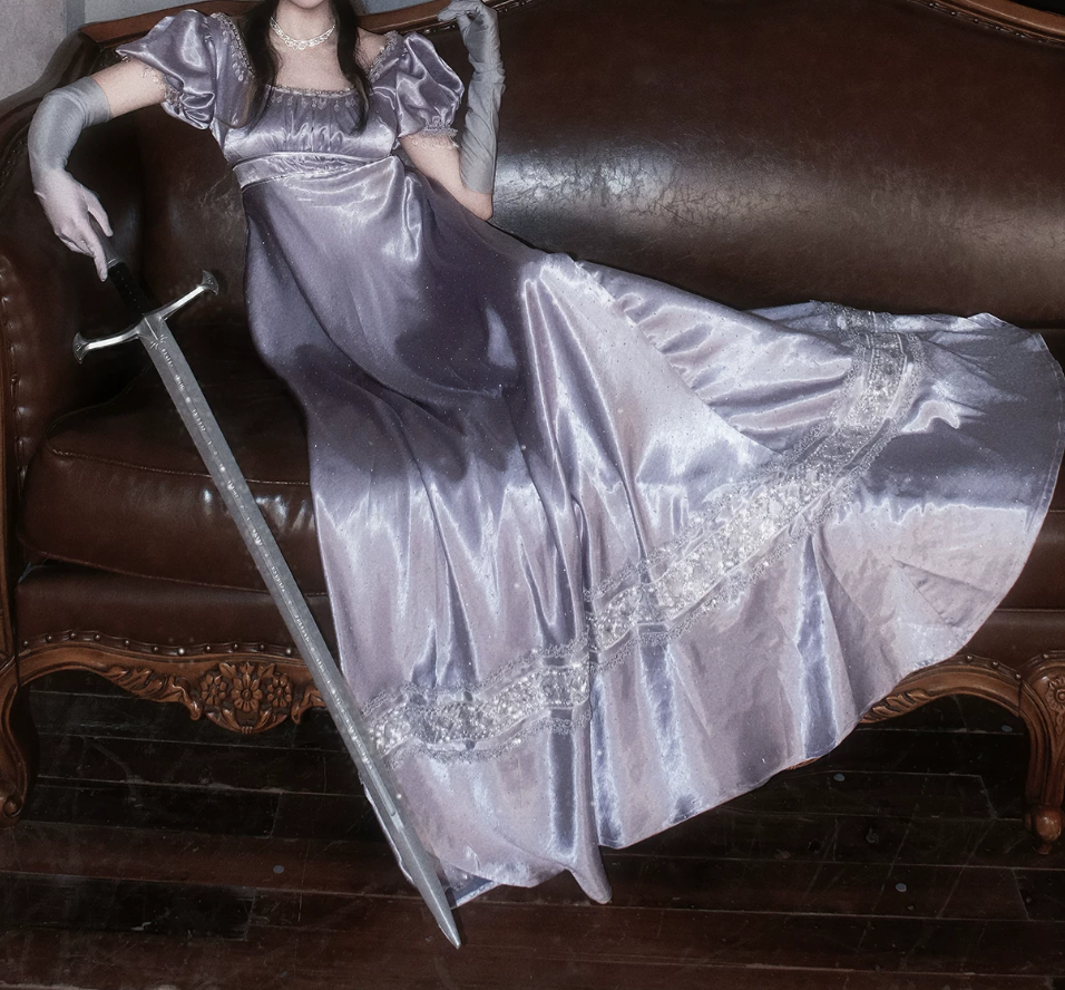 Elegant U Neck Purple Prom Dress Satin Short Sleeve Beaded A-Line Evening Dress D0750