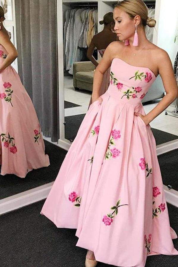 Vintage Strapless Prom Dress Pink Floral A-Line Evening Dress D0759