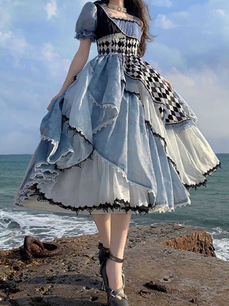 Playful Square Neck Prom Dress Blue Short Sleeve Plaid A-Line Evening Dress D0760