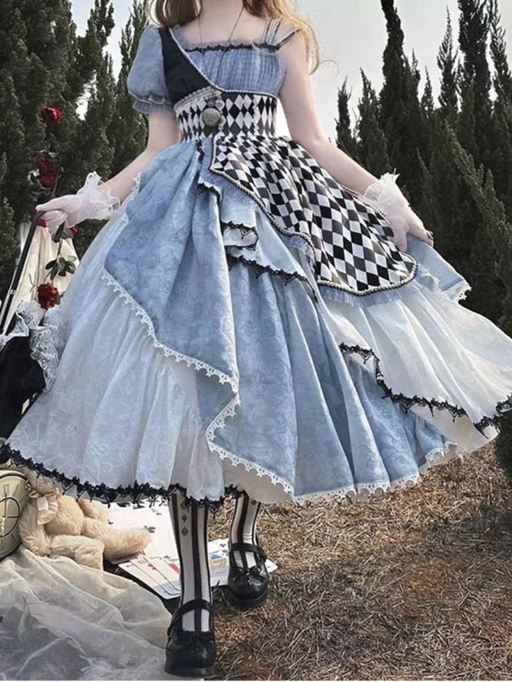 Playful Square Neck Prom Dress Blue Short Sleeve Plaid A-Line Evening Dress D0760