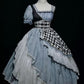 Playful Square Neck Prom Dress Blue Short Sleeve Plaid A-Line Evening Dress D0760