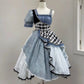 Playful Square Neck Prom Dress Blue Short Sleeve Plaid A-Line Evening Dress D0760