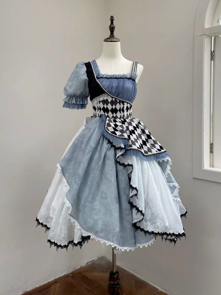 Playful Square Neck Prom Dress Blue Short Sleeve Plaid A-Line Evening Dress D0760