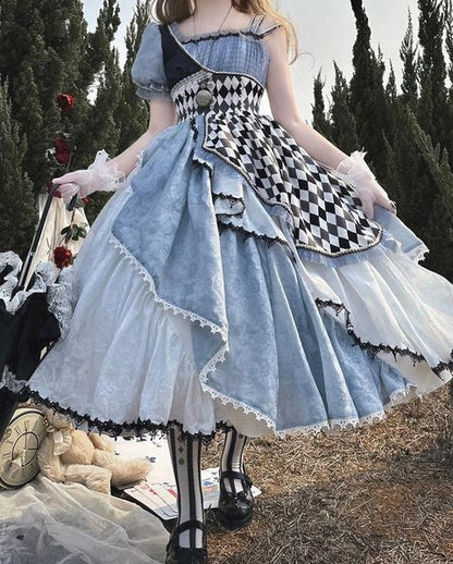 Playful Square Neck Prom Dress Blue Short Sleeve Plaid A-Line Evening Dress D0760