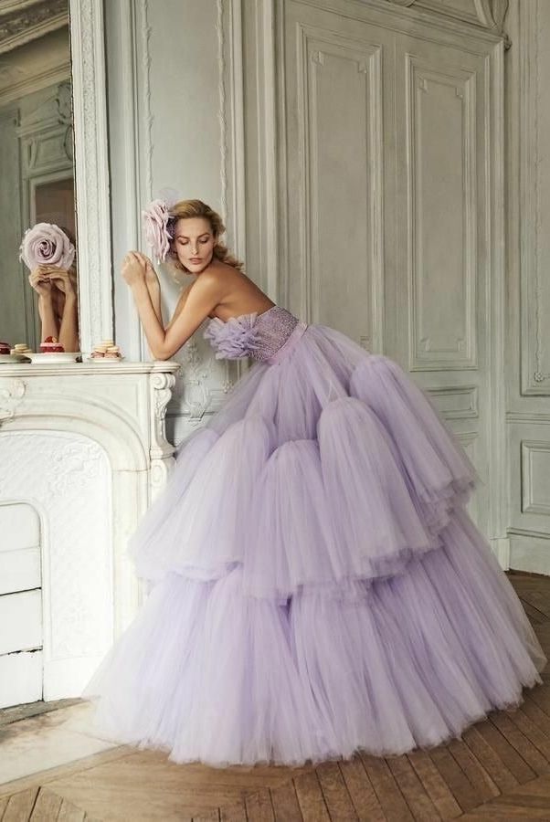 Ornate Strapless Ball Gown Purple Quinceanera Dresses Ruffled Tulle Sweet 16 Dresses D0761