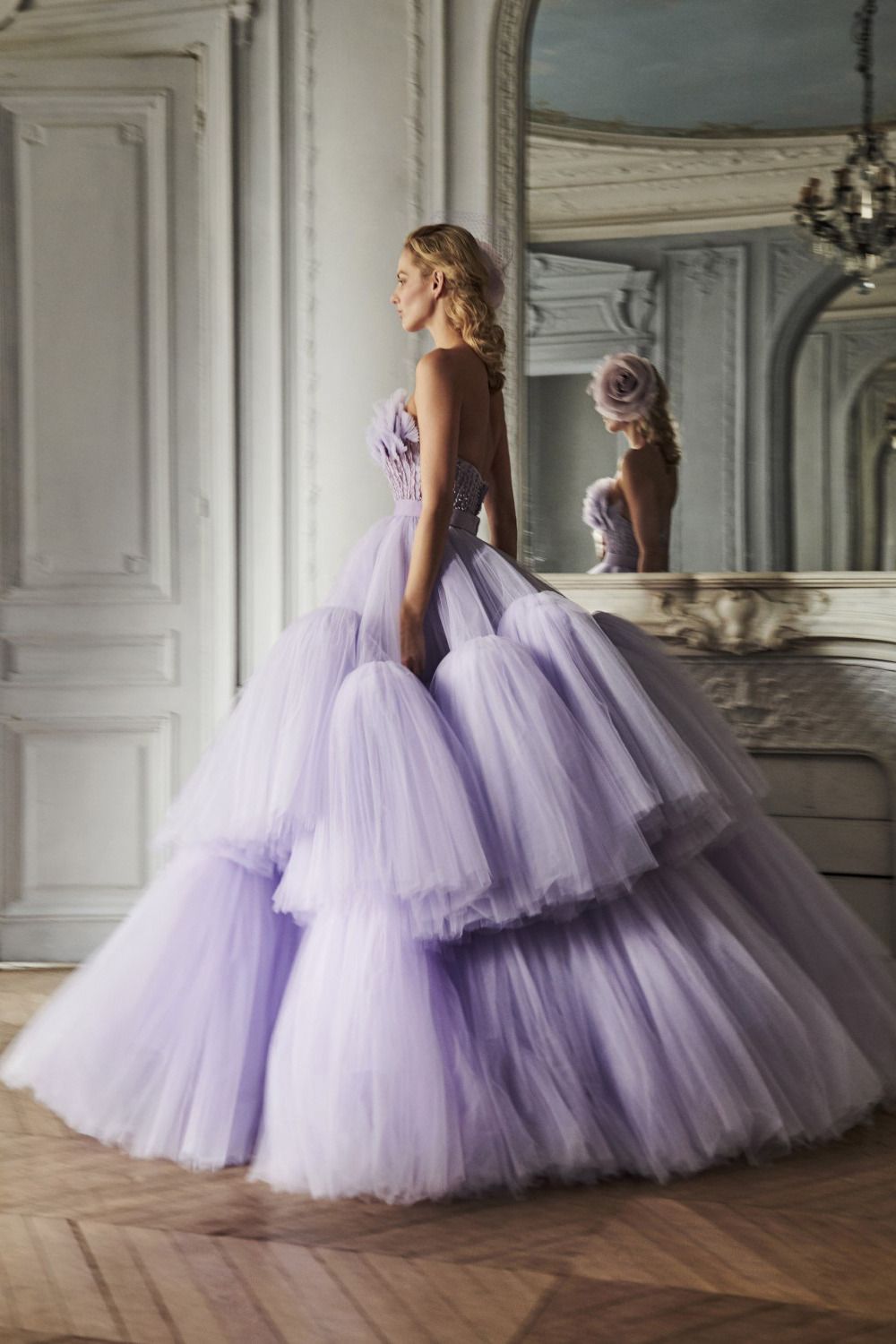 Ornate Strapless Ball Gown Purple Quinceanera Dresses Ruffled Tulle Sweet 16 Dresses D0761