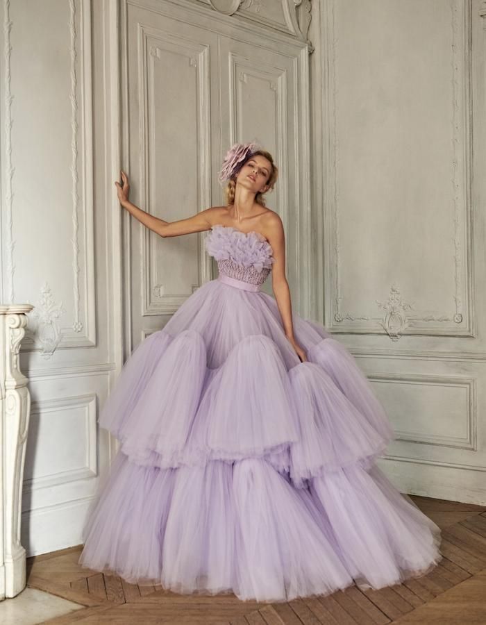 Ornate Strapless Ball Gown Purple Quinceanera Dresses Ruffled Tulle Sweet 16 Dresses D0761