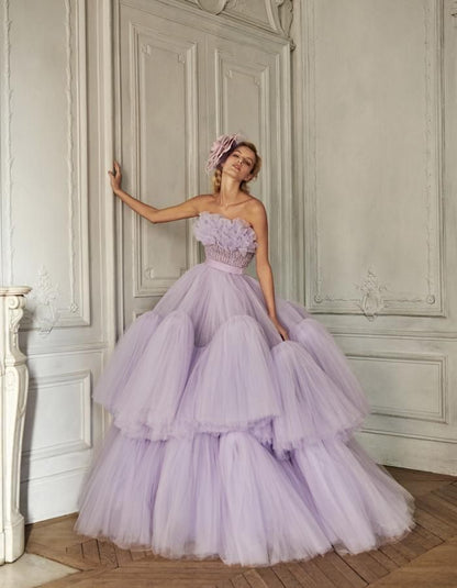 Ornate Strapless Ball Gown Purple Quinceanera Dresses Ruffled Tulle Sweet 16 Dresses D0761
