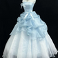 Graceful Strapless Blue Prom Dress Ruffles Bows A-Line Evening Dress D0770