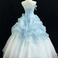Graceful Strapless Blue Prom Dress Ruffles Bows A-Line Evening Dress D0770