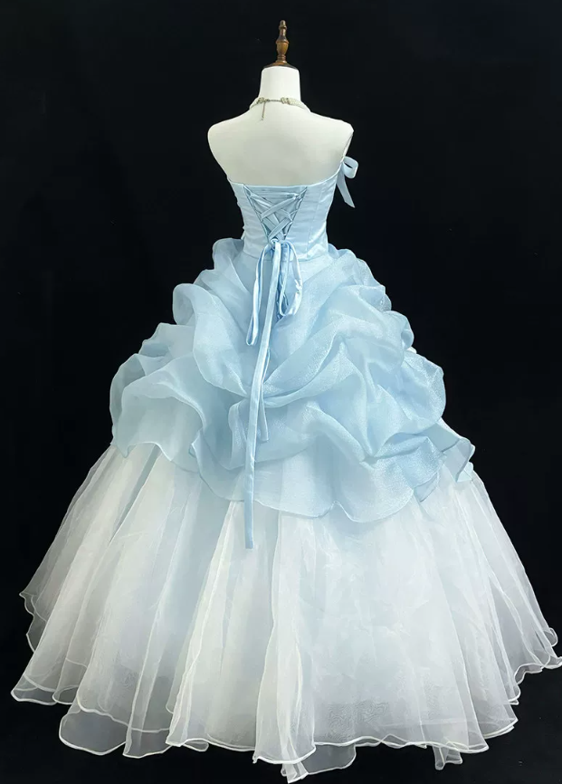 Graceful Strapless Blue Prom Dress Ruffles Bows A-Line Evening Dress D0770