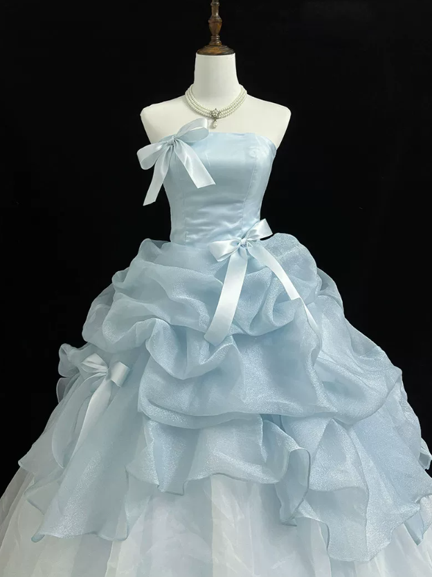 Graceful Strapless Blue Prom Dress Ruffles Bows A-Line Evening Dress D0770