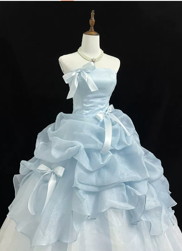 Graceful Strapless Blue Prom Dress Ruffles Bows A-Line Evening Dress D0770