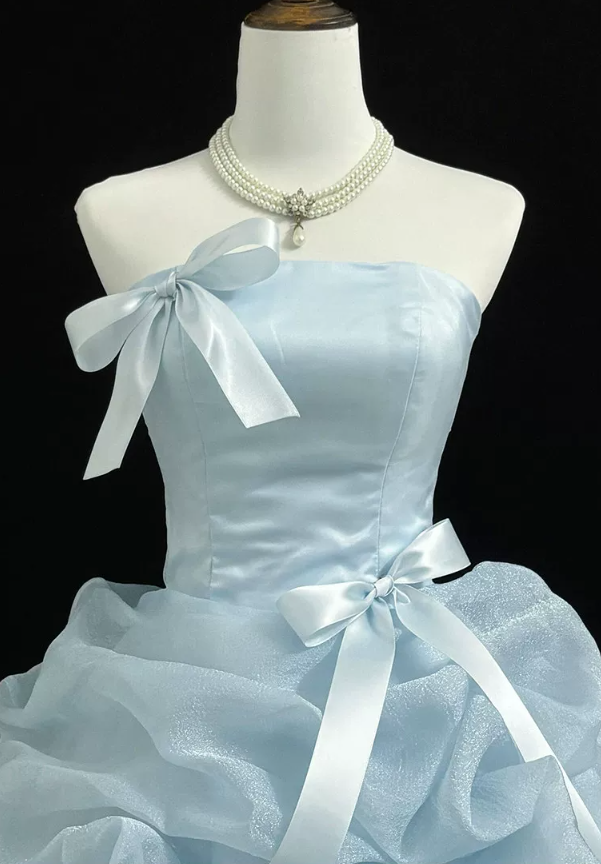 Graceful Strapless Blue Prom Dress Ruffles Bows A-Line Evening Dress D0770
