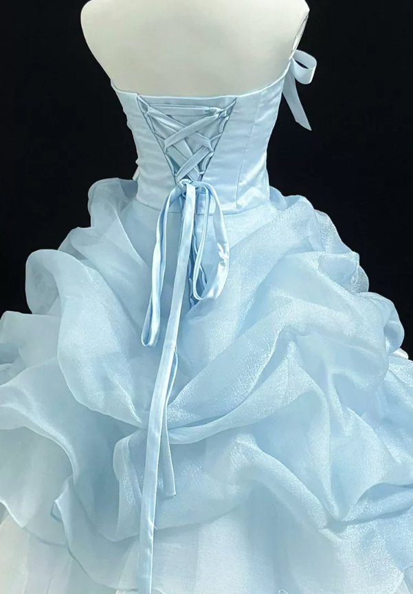 Graceful Strapless Blue Prom Dress Ruffles Bows A-Line Evening Dress D0770