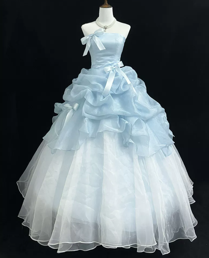 Graceful Strapless Blue Prom Dress Ruffles Bows A-Line Evening Dress D0770