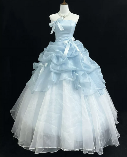 Graceful Strapless Blue Prom Dress Ruffles Bows A-Line Evening Dress D0770