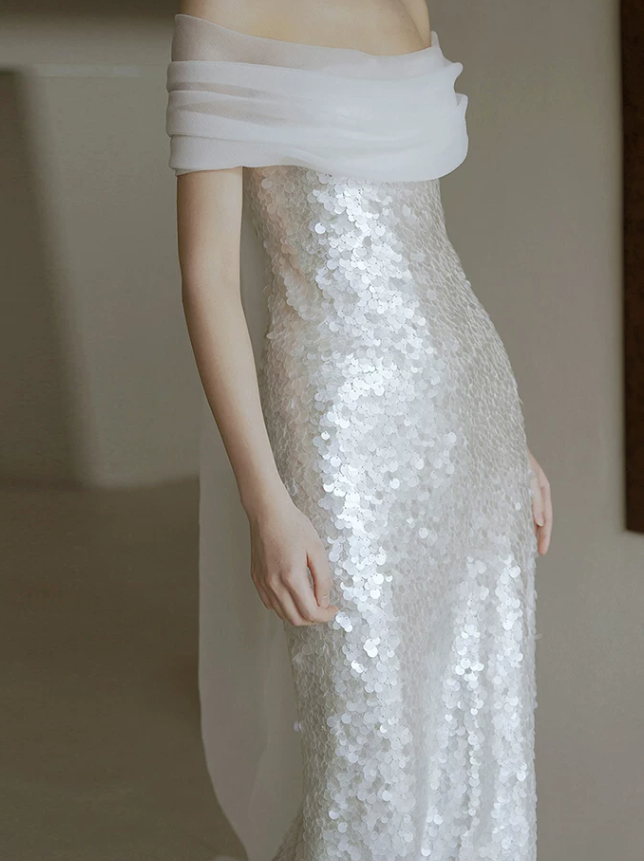Sparkly Off The Shoulder Prom Dress White Sequins Sheath Evening Dress D0775