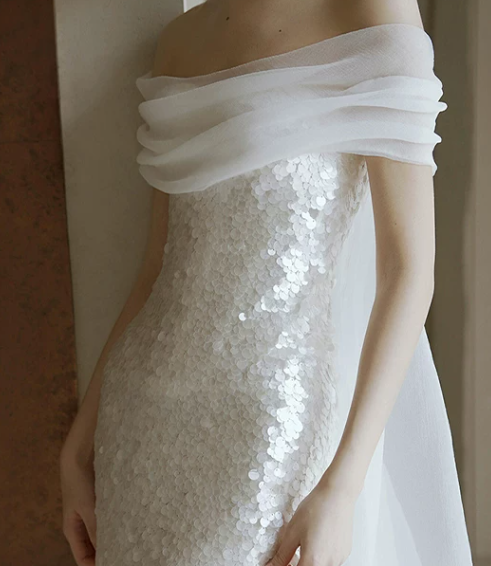Sparkly Off The Shoulder Prom Dress White Sequins Sheath Evening Dress D0775