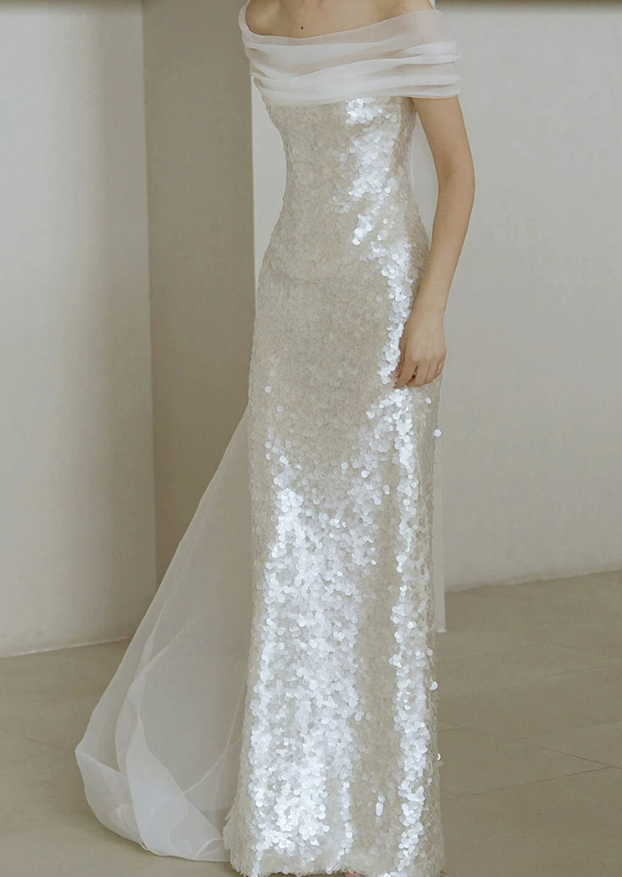 Sparkly Off The Shoulder Prom Dress White Sequins Sheath Evening Dress D0775