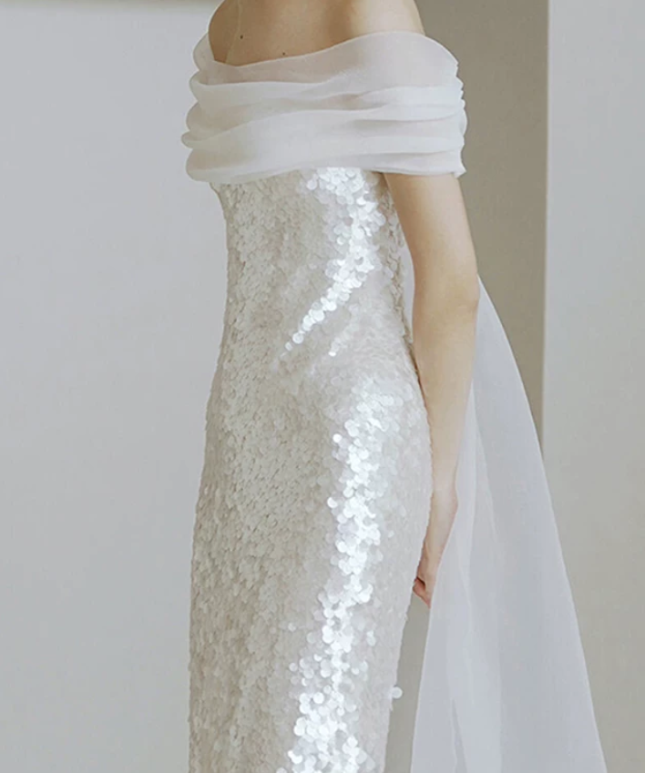 Sparkly Off The Shoulder Prom Dress White Sequins Sheath Evening Dress D0775