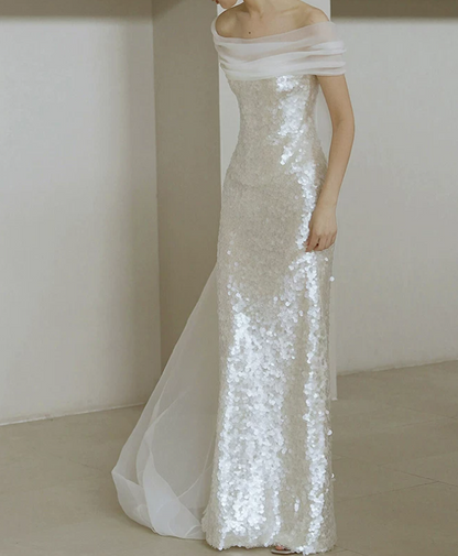 Sparkly Off The Shoulder Prom Dress White Sequins Sheath Evening Dress D0775