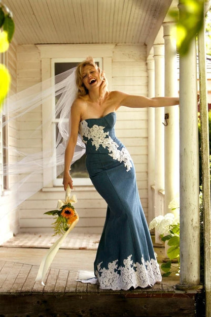 Vintage Strapless Appliques Prom Dress Blue Denim Mermaid Evening Dress D0776