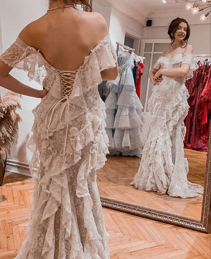 Superbe robe de mariée sirène bustier en satin et tulle, longue et en dentelle, C4563