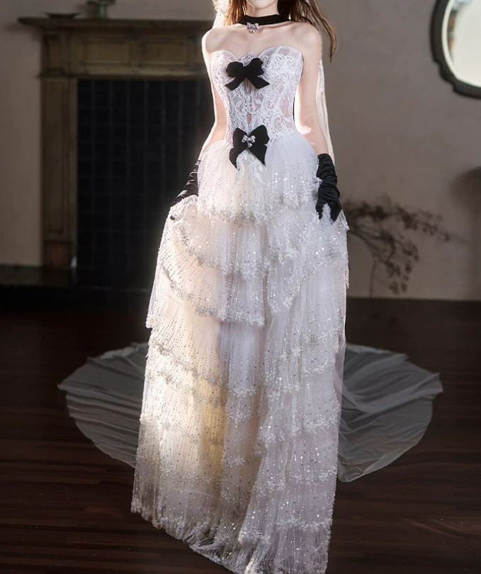 Robe de bal de princesse bustier à volants en satin long, robe de soirée C8117