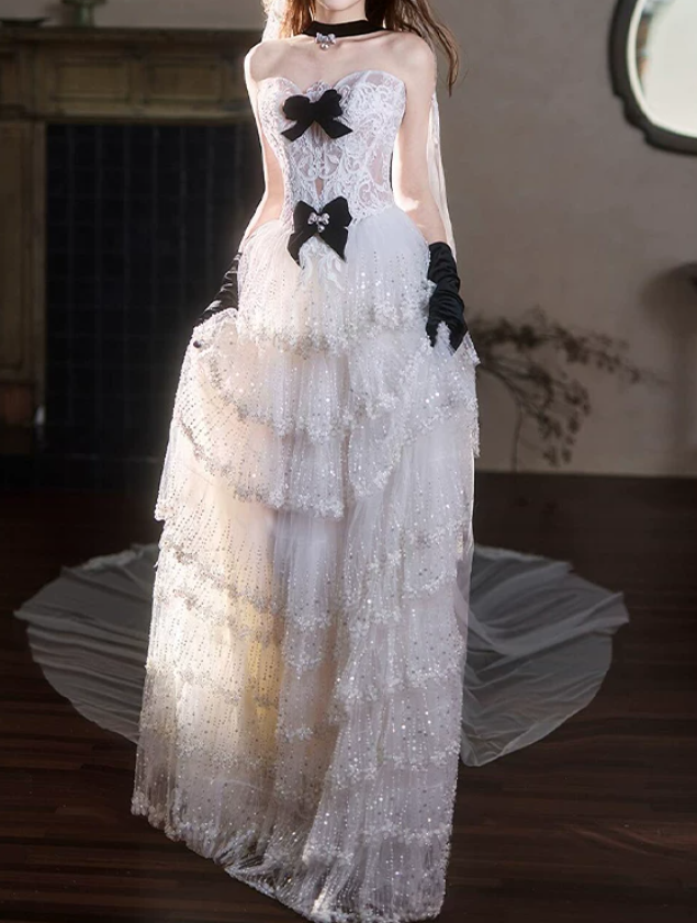 Robe de bal de princesse bustier à volants en satin long, robe de soirée C8117