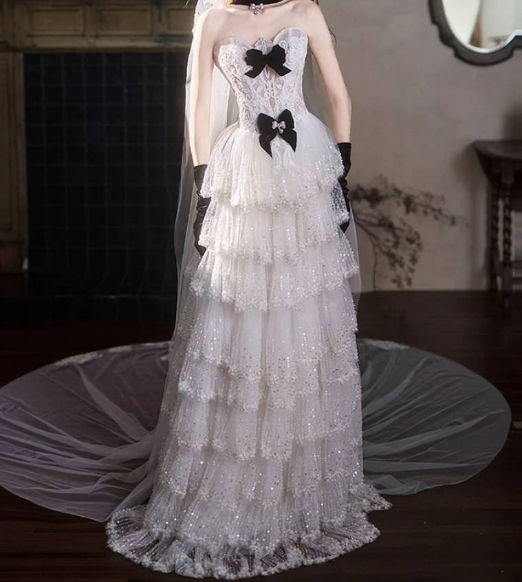 Robe de bal de princesse bustier à volants en satin long, robe de soirée C8117